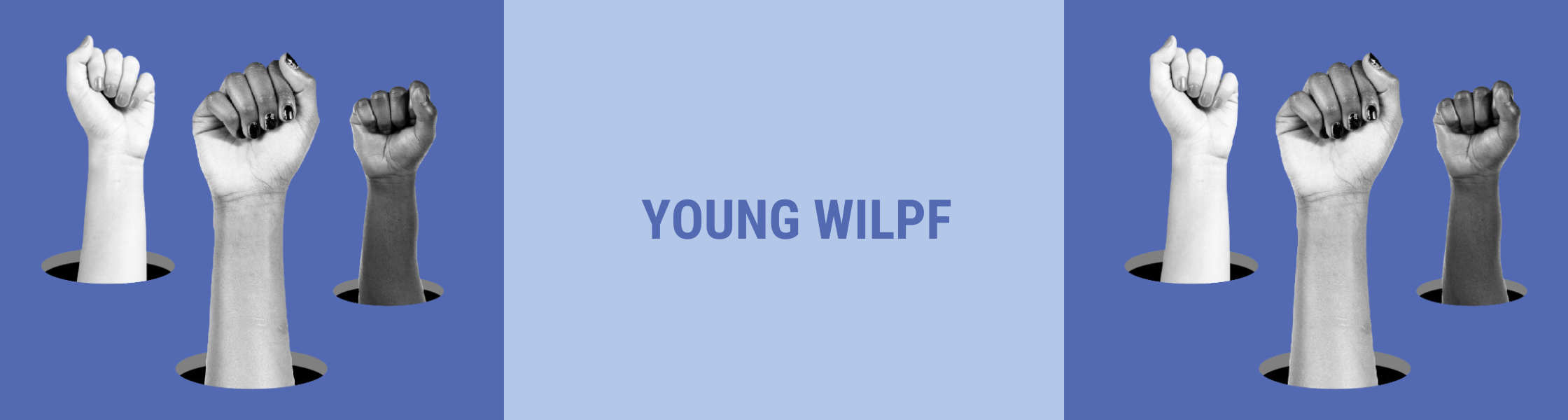 Auf dem BIld sind erhobene Fäuste und der Schriftzug Young WILPF zu sehen.